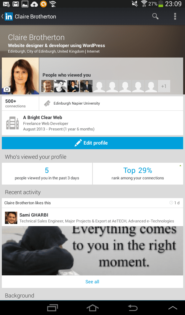 Claire's LinkedIn profile on Android