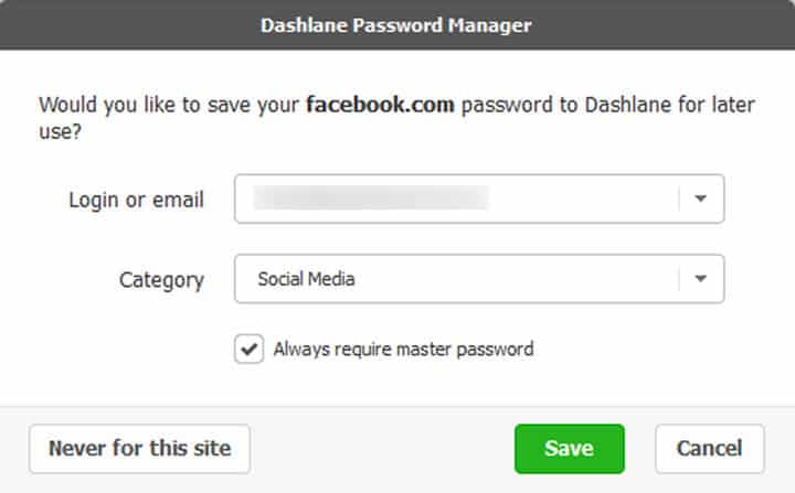 Dashlane password save dialog
