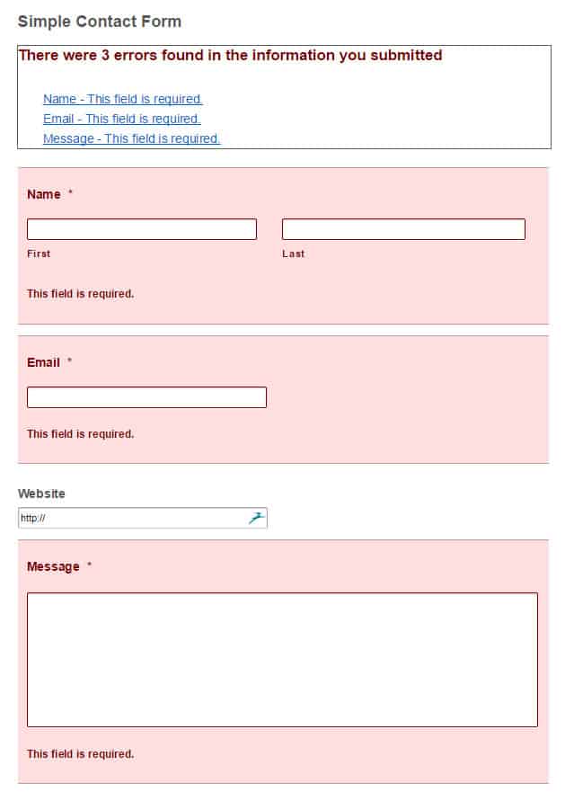 Gravity Forms contact form with validation errors and links