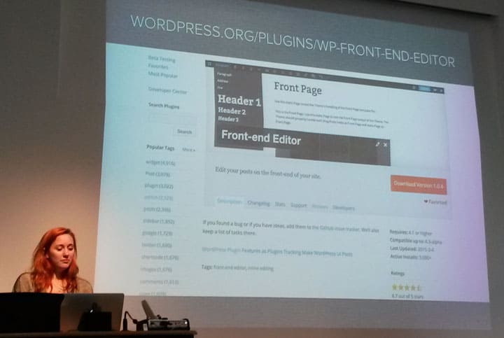 Sara Cannon showing the Front-end editor plugiin