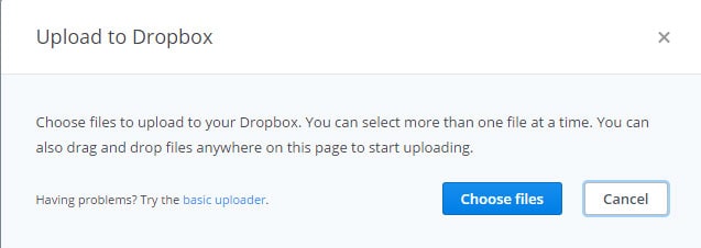 Upload to Dropbox - Choose files or cancel