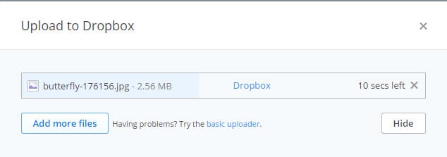 File being uploaded to Dropbox message