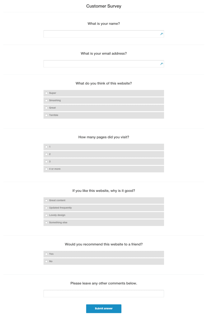 The customer survey on the front end of the website
