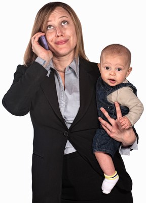 Female worker on phone holding baby over white background