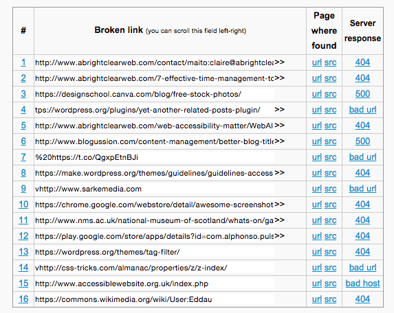 A list of broken links found for abrightclearweb.com by Broken Link Checker