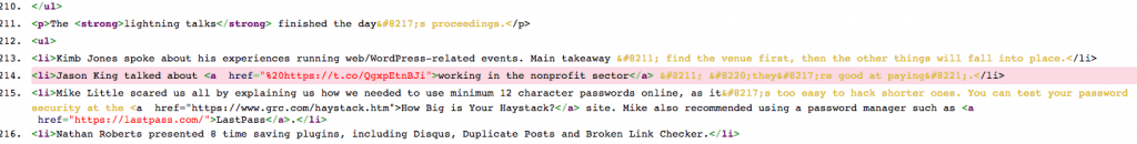 The source code for a broken link, with the link highlighted in red