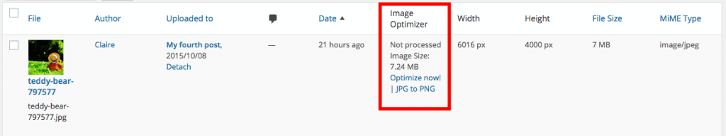 Media Library showing Image Optimizer settings for an image