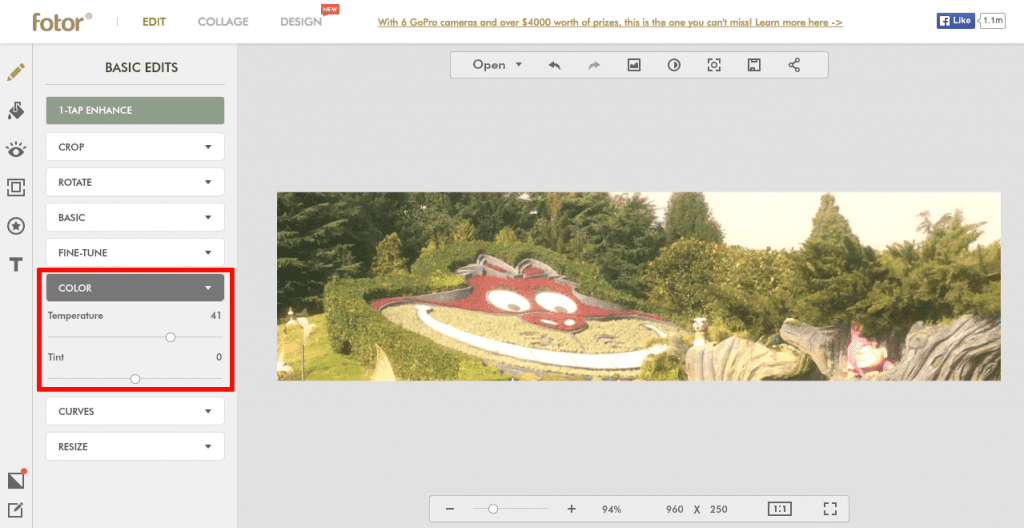 The Fotor Color option and Temperature increased