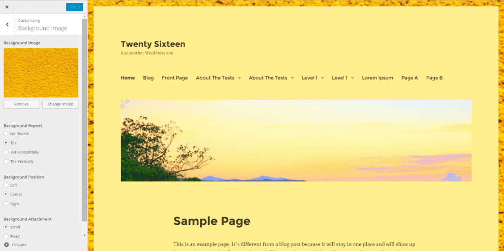 Twenty Sixteen Customizer showing the Yellow colour scheme, background and header images