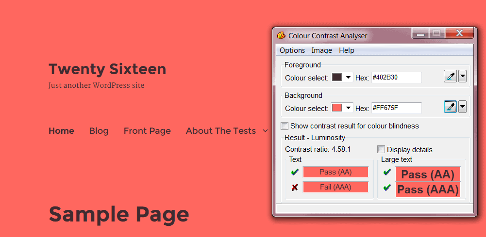 Colour Contrast Analyser tool analysing Twenty Sixteen's Red scheme