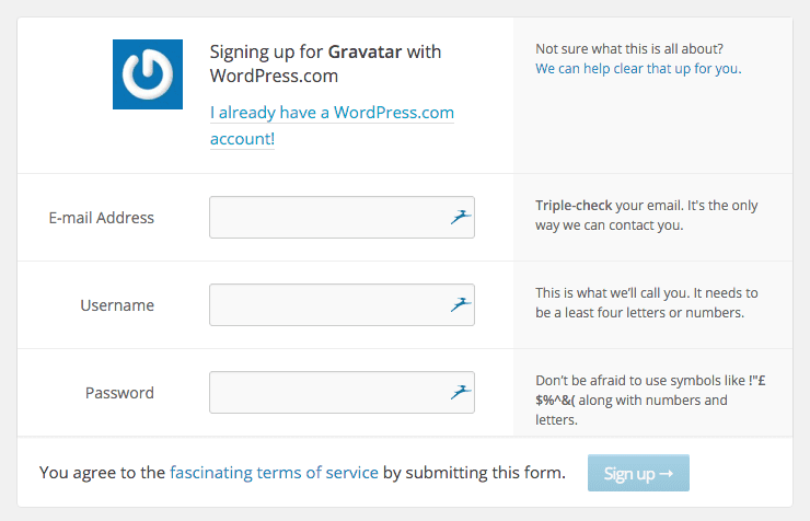 Signing up for Gravatar with WordPress.com