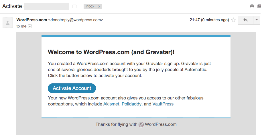 WordPresss.com and Gravatar eelcome email