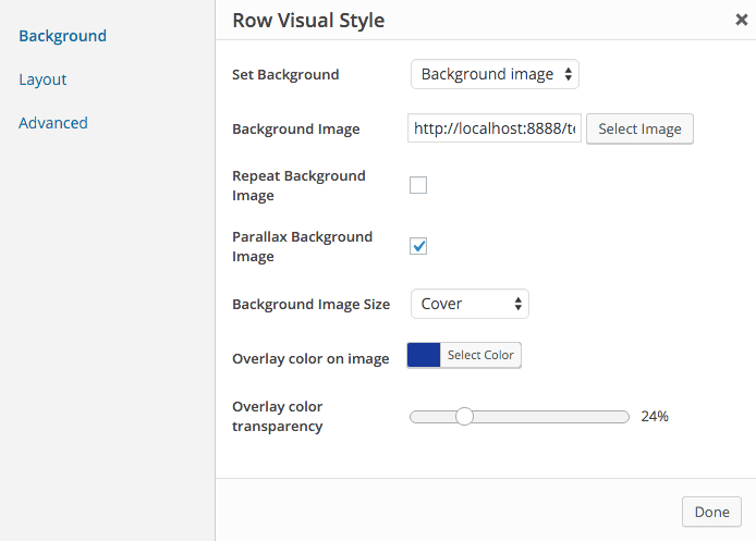 Settings for a background image