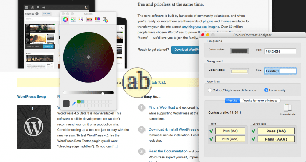 Colour Contrast Analyser checking WordPress.org