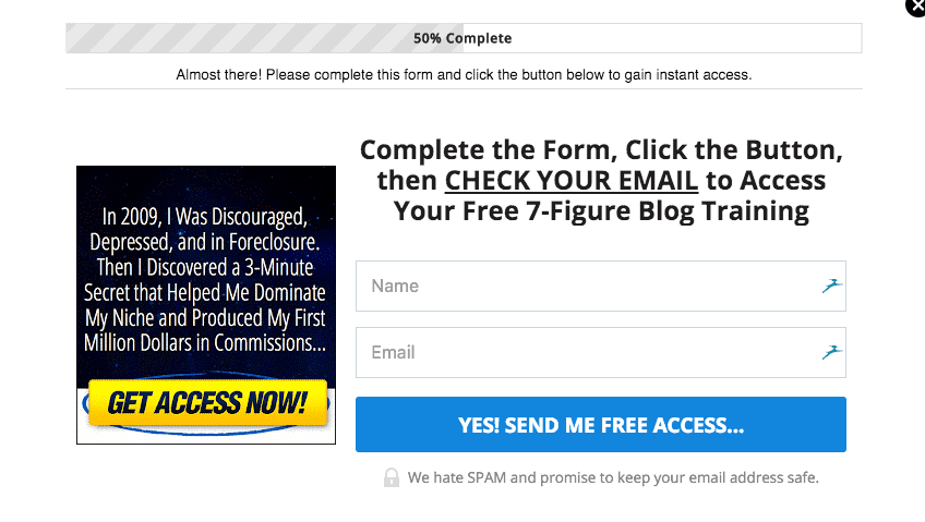 A popup form with name and email ields, not focusable