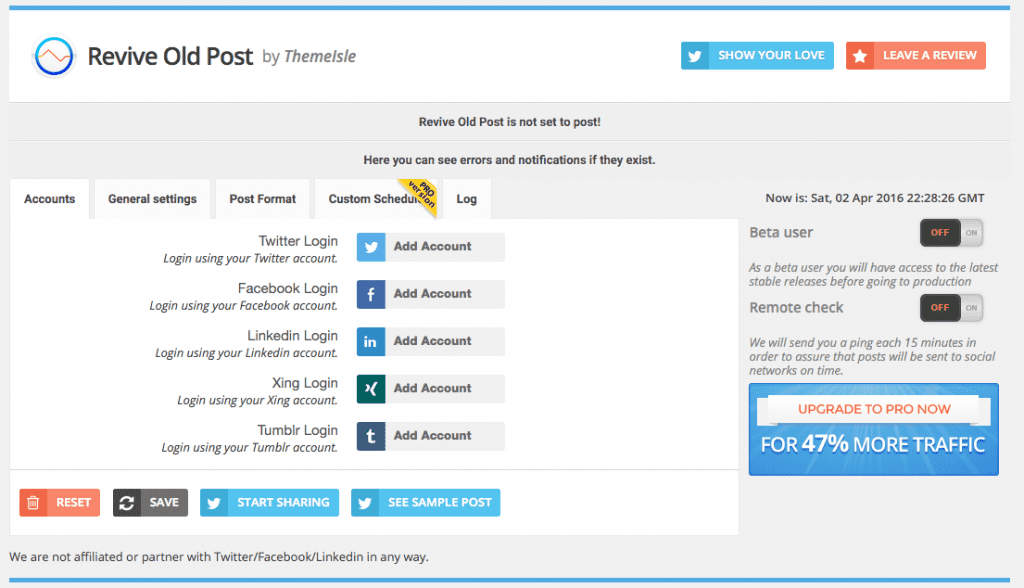 Accounts settings for Revive Old Post plugin