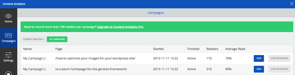 SumoMe Content Analytics for 2 posts