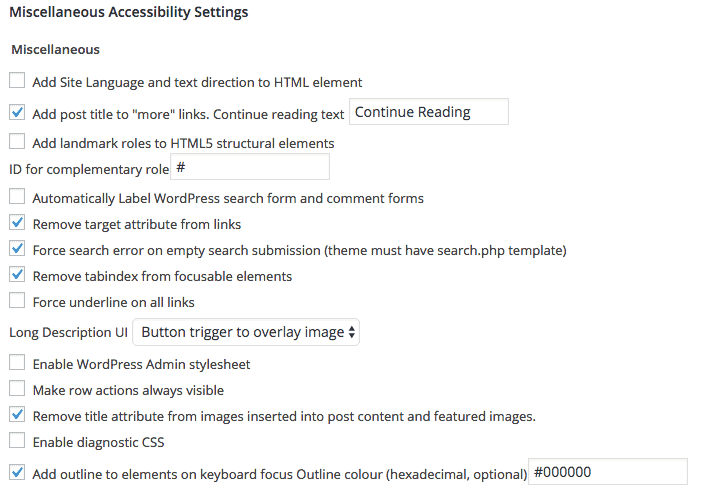 WP Accessibility plugin miscellaneous settings