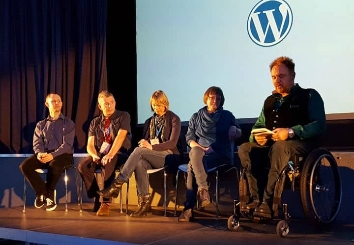 The WordPress accessibility panel (l-r): Gary Jones, Richard Senior, Angie Vale, Rian Rietveld, Mik Scarlet 