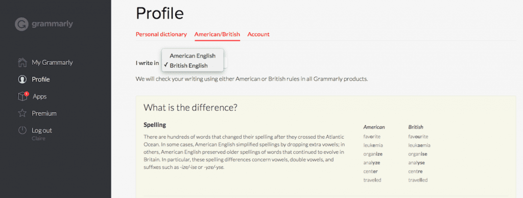 American/British English in Grammarly