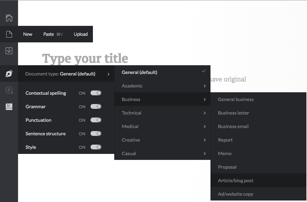 Grammarly - choose a Document type