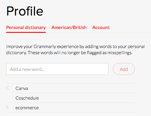 Grammarly Personal Dictionary