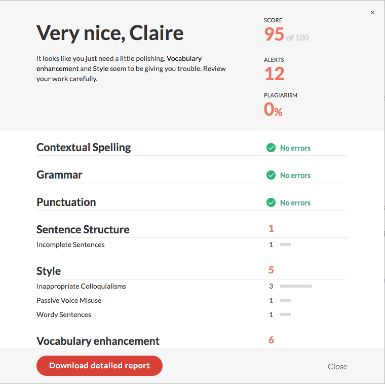 A Grammarly report on your document