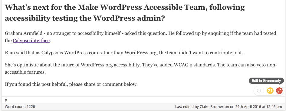 Grammarly works in the WordPress post editor