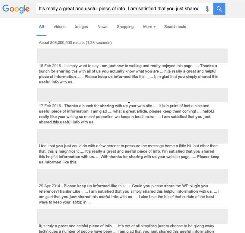 Google search results for suspect spam comment