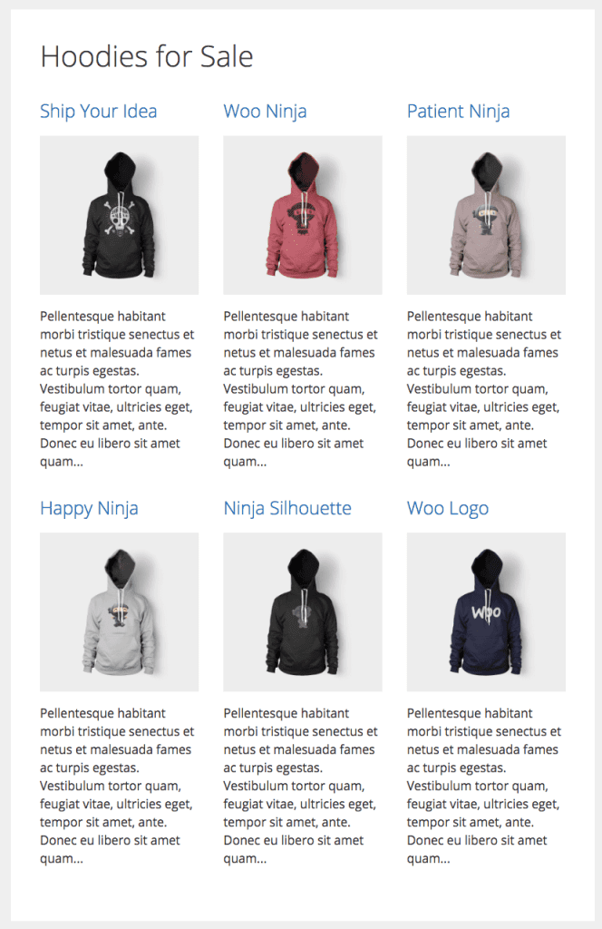 Hoodies in WooCommerce shop, 3 columns