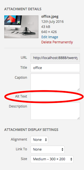Image attachment details area with alt text field highlighted