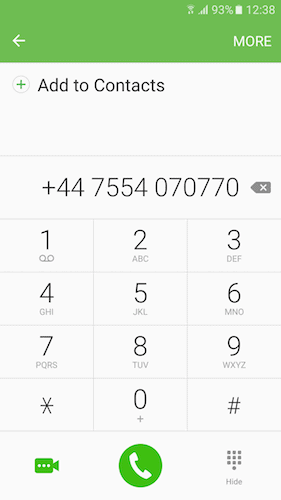A linked phone number, clicked on and ready to call