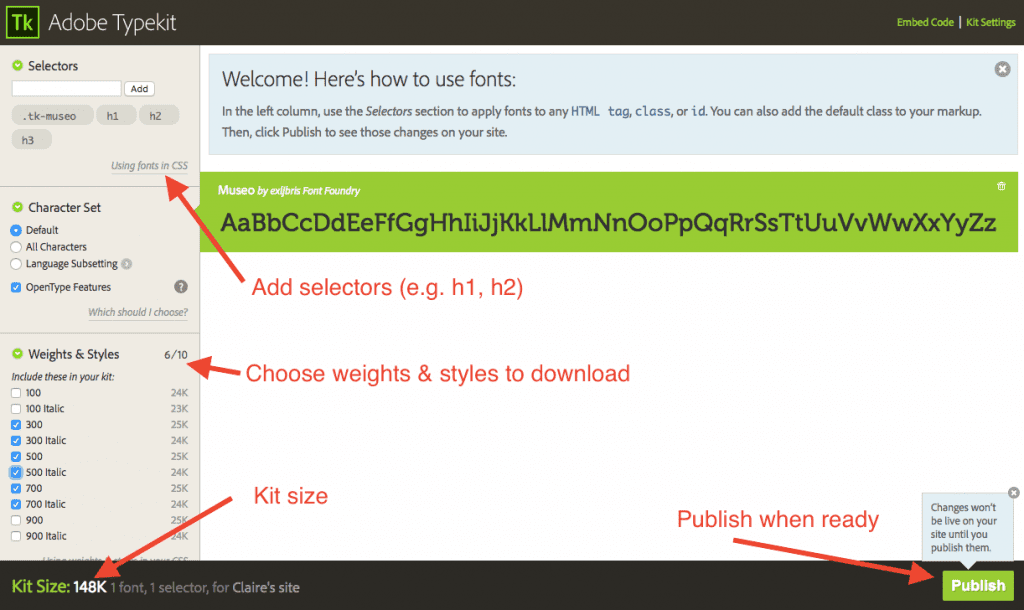 Adobe Typekit font settings
