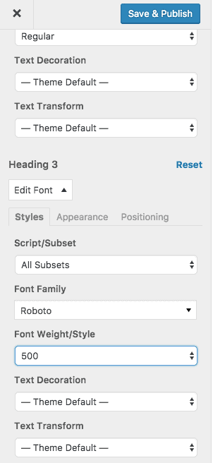 Selecting Easy Googe Fonts in the Customizer