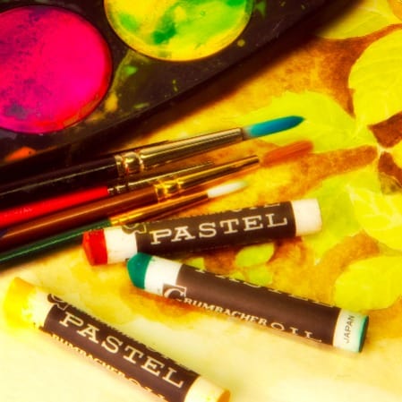 artist's materials - pastels, paints and brushes
