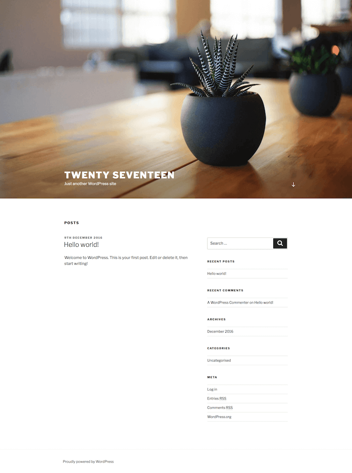 A new install of WordPress with Twenty Seventeen theme
