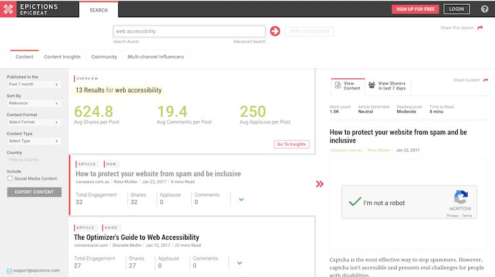 EpicBeat Content tab: search for web accessibility