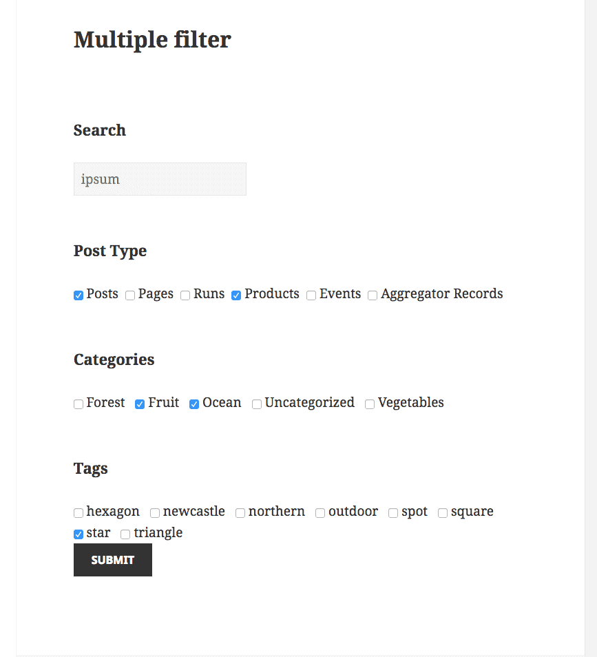 Search and Filter, searching by post type, category and tag