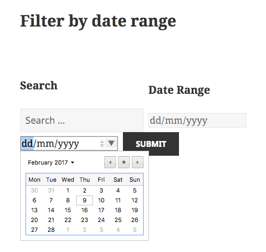 Search and Filter - form to filter by date range showing a date picker