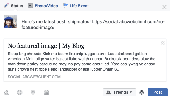 Facebook post with link preview, minus image