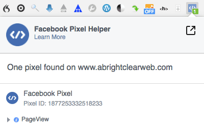 Facebook Pixel Helper Chrome extension showing A Bright Clear Web pixel