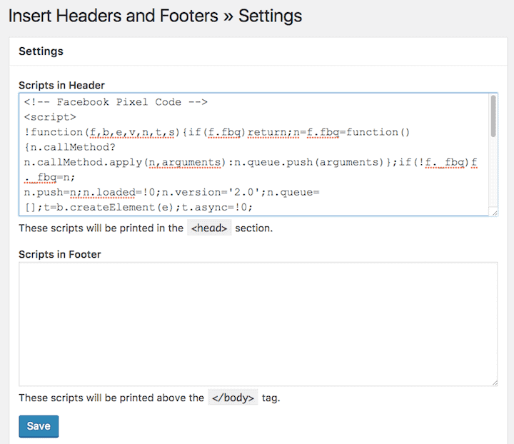 Inserting the Facebook pixel in header scripts