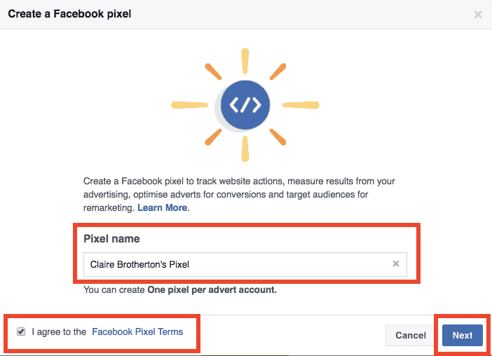 Name pixel and agree to terms