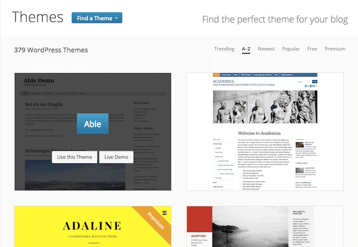 WordPress.com theme directory, selecting Able theme