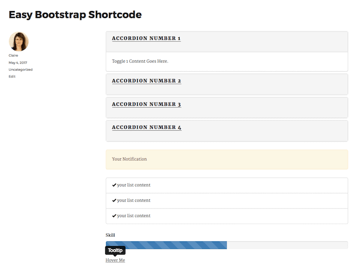 Bootstrap Shortcodes for accordion, notification, list, progress bar and tooltip