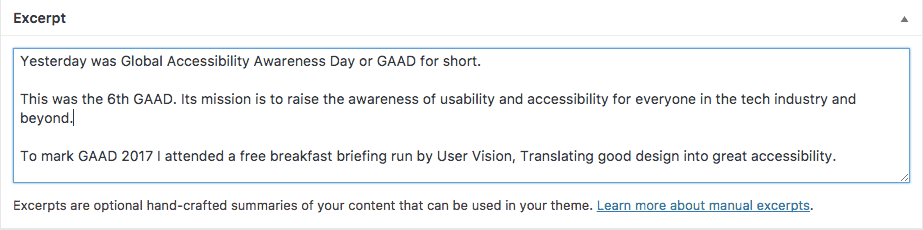 WordPress excerpt box with a manual excerpt added