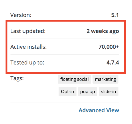 Plugin info showing last updated, active installs and tested up to