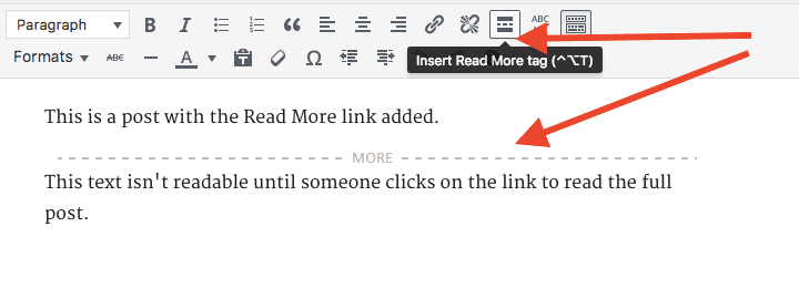 The Read More button and generated tag, shown by arrows