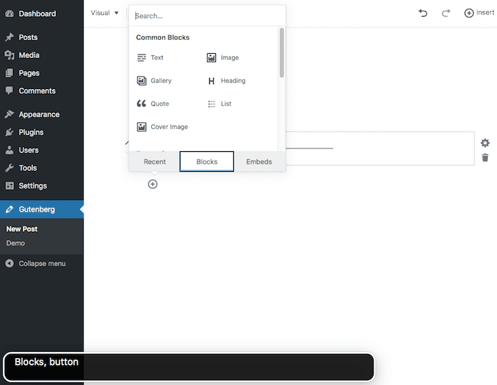 Gutenberg, Insert, Blocks tab selected