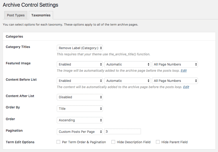 Archive Control settings for Category taxonomy